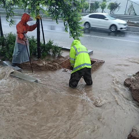 交通人冒雨除险保畅通