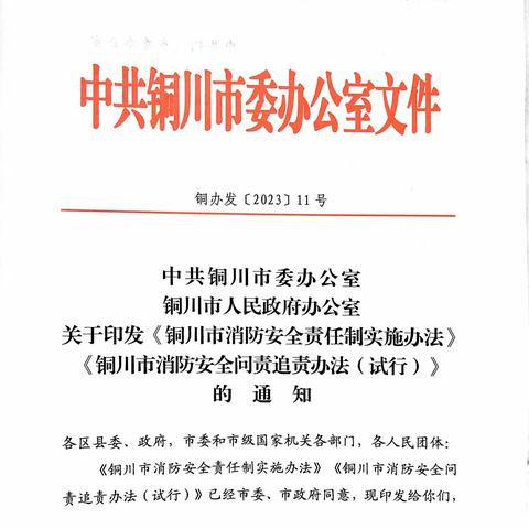 铜川市委市政府出台《铜川市消防安全责任制实施办法》《铜川市消防安全问责追责办法(试行)》