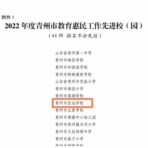 喜报！青州市宏远学校荣获青州市教育惠民工作先进校称号