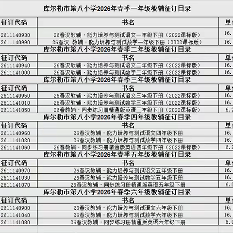 库尔勒市第八小学2025-2026学年第二学期春季教辅征订目录与费用公示