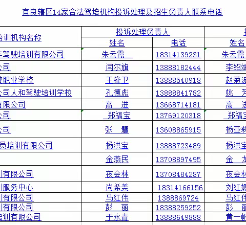 宜良辖区14家合法驾校报名招生电话