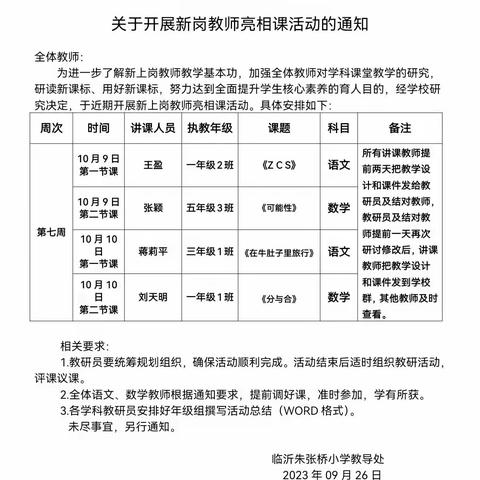 "璞玉初琢首亮相，磨砺技能展新姿"——临沂朱张桥小学新上岗教师汇报课活动纪实