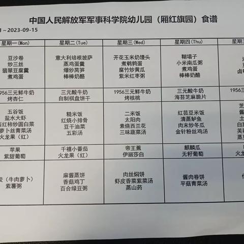 军科幼儿园（厢红旗园）一周食谱及秋季传染病预防温馨提示