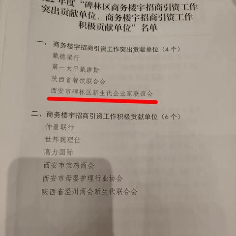 热烈祝贺碑林区新生代企业家联谊会获得“商务楼宇招商引资工作突出贡献单位”