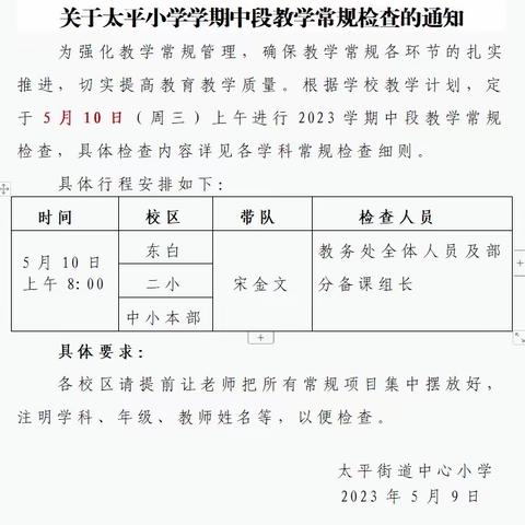 立足常规检查 促进教学提升——太平小英开展学期中段教学常规检查活动