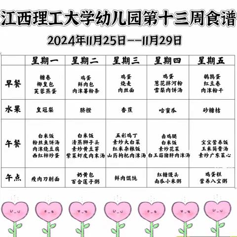 江西理工大学幼儿园第十三周食谱