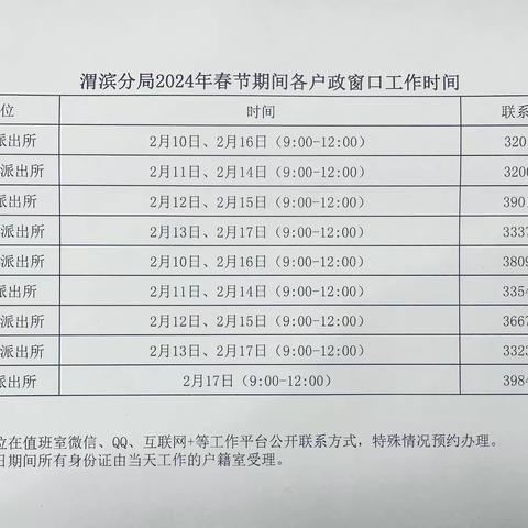 渭滨分局春节期间户政窗口便民服务公告