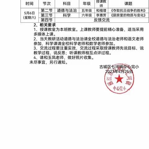 丽江市古城区七河镇中心完小2023年5月综合科教研课活动简报