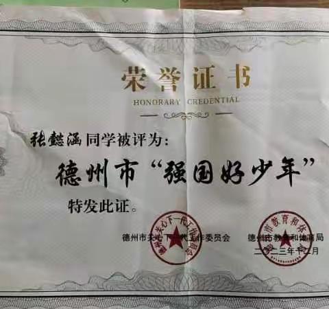 强国有我 少年有为——祝贺杨习武小学张懿涵荣获德州市“强国好少年”称号