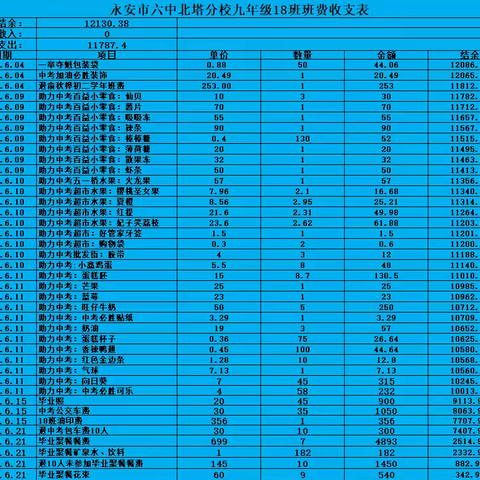 九年级（18）班六月份班费收支明细表: