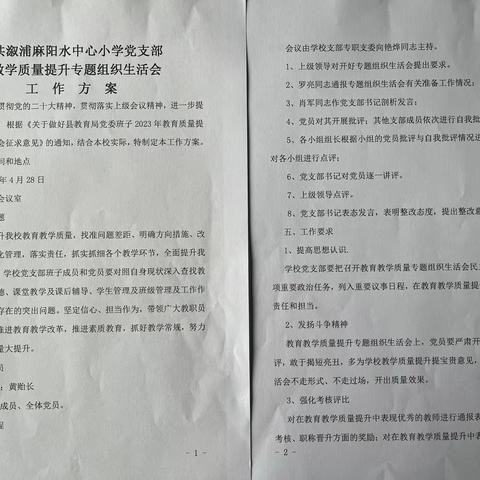 卢峰镇麻阳水中心小学党支部教学质量提升专题组织生活会