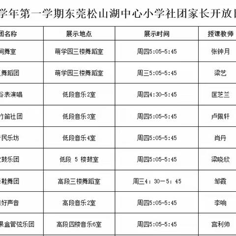 2023~2024学年第一学期东莞松山湖中心小学社团家长开放日课程安排