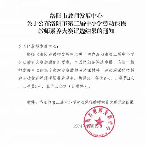 喜报：洛宁县小学劳动课程在洛阳市中小学劳动课程教师素养大赛评选中获奖