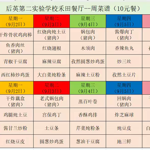 后英第二实验学校“禾田餐厅”一周菜谱