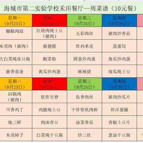 后英第二实验学校“禾田餐厅”一周菜谱