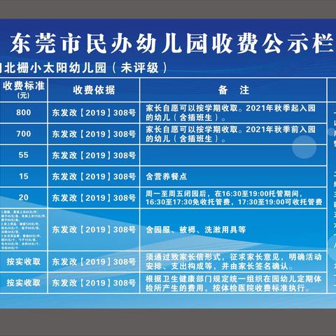 【收费公示栏】2024年秋季东莞市虎门北栅小太阳幼儿园