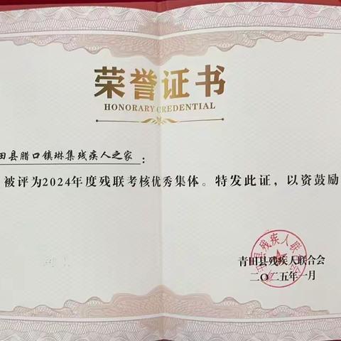 【腊口镇琳集残疾人之家】喜获2024年度残联考核优秀集体