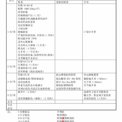 VTE风险评估表