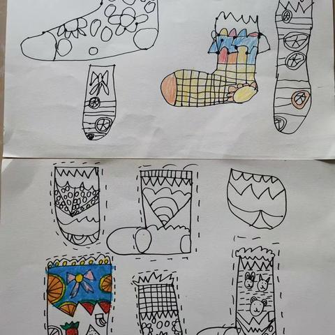 可爱的花袜子 1.引导小朋友注意观察日常生活中物品  2.观察掌握袜子的外形特征，学会用线和形状进行排列，进行趣味装饰: 3.通过大胆联想，培养小朋友的色彩感受力和色彩表现力。 4、于参与美术活动，体