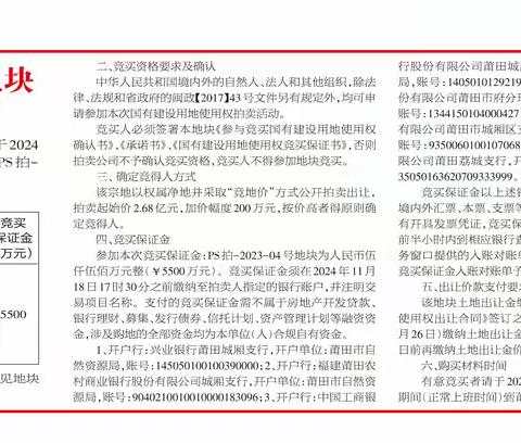 莆田市拍卖出让PS拍-2023-04号地块国有建设用地使用权公告