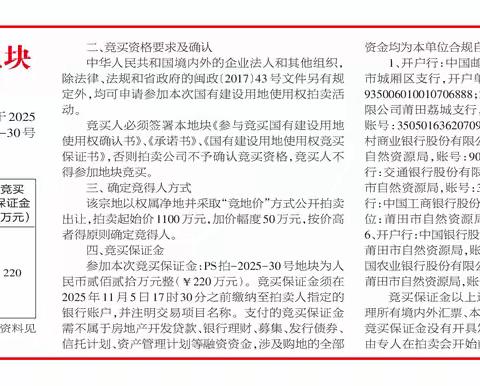 莆田市拍卖出让PS拍-2025-30号地块国有建设用地使用权公告