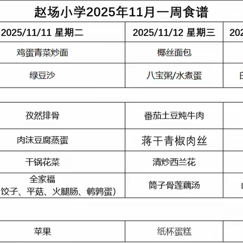 赵场小学2025年秋季学期第11周菜谱