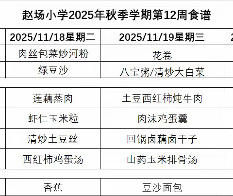 赵场小学2025年秋季学期第12周菜谱