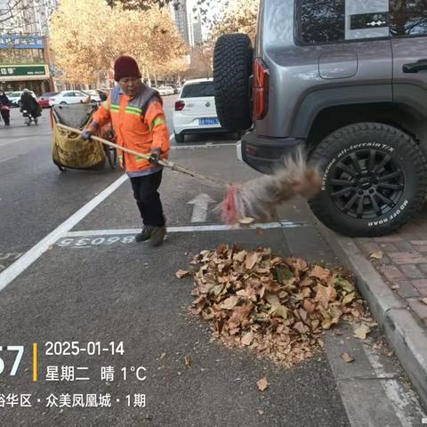 大风降温落叶多 环卫工人清理忙
