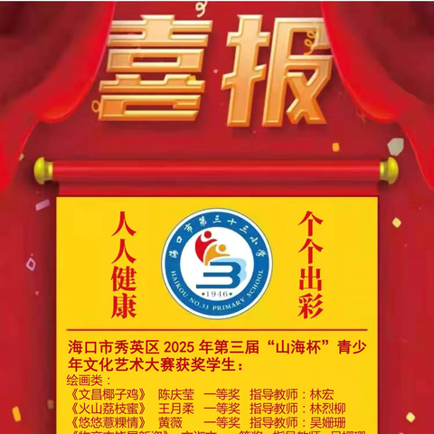 【喜报】热烈庆祝我校林宏、林烈柳、李敏、吴姗珊、陈艳婷四位老师在第三届“山海杯”青少年文化艺术大赛中荣获最佳指导教师奖，王宏泽荣获优秀指导教师奖；并指导学生获奖36个
