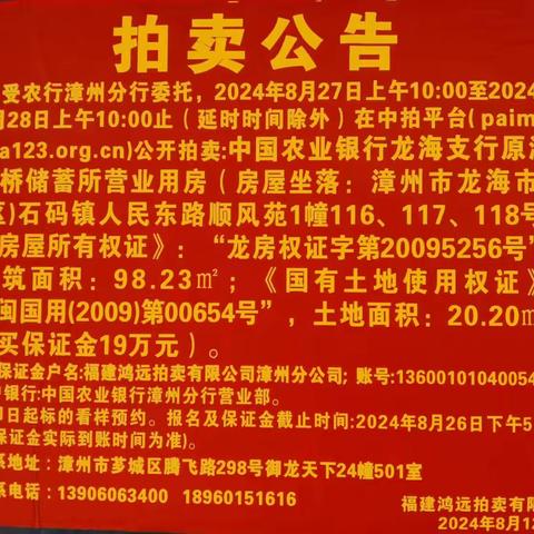 【拍卖公告】漳州农行龙海支行原港口桥储蓄所营业用房转让（8月27日-28日网络竞价）