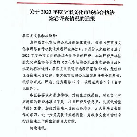 章丘区文化执法大队 4件行政处罚案卷获评优秀案卷