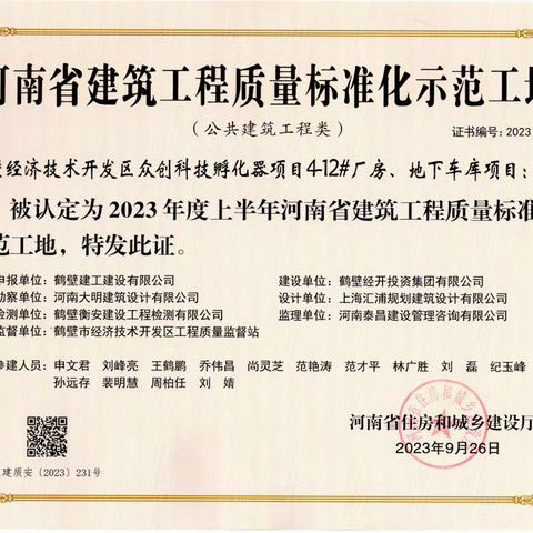 恭喜鹤壁建工荣获“2023年度上半年河南省建筑工程质量标准化示范工地”