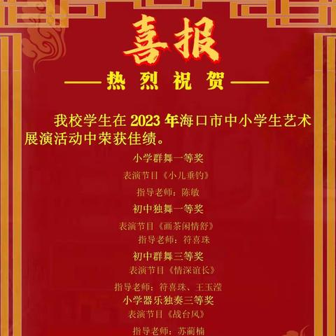 热烈祝贺海口市金盘实验学校学生在2023年海口市中小学艺术展活动中荣获佳绩！