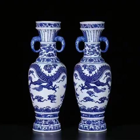 柴窑柴烧——青花云龙纹象耳对瓶再现原色、原样、原神、原韵！