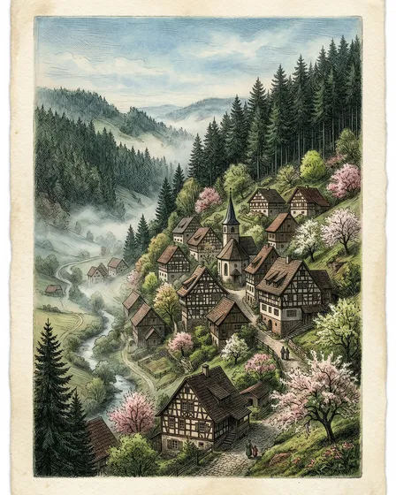 Four Vertical Black Forest Mountain Village Etching Style Prints