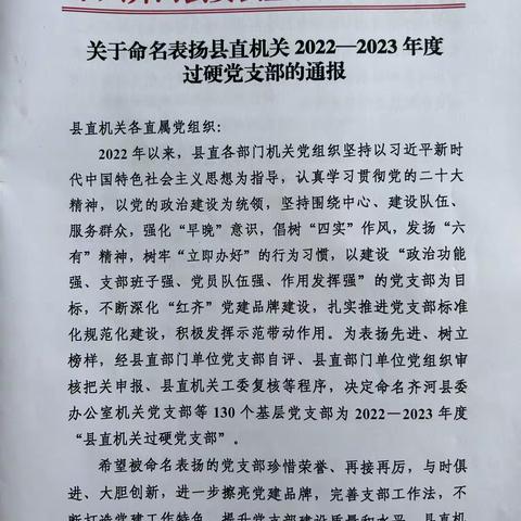 中共齐河县地方金融风险防控中心机关党支部荣获2022-2023年度“过硬党支部”荣耀称号