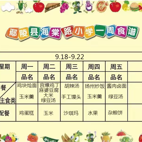 美好“食”光    尽“膳”尽美——鄢陵县海棠路小学每周食谱(9.18~9.22)