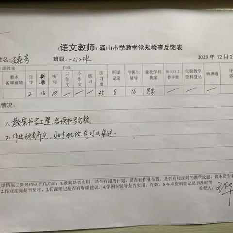 涌山小学2023年12月份教学常规检查