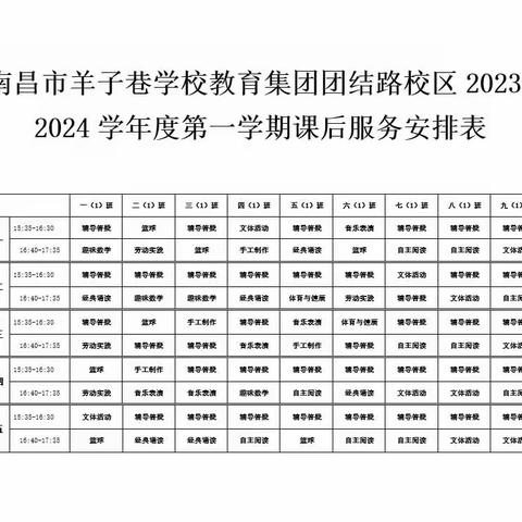 南昌市羊子巷学校教育集团团结路校区2023-2024学年度第一学期课后服务安排表