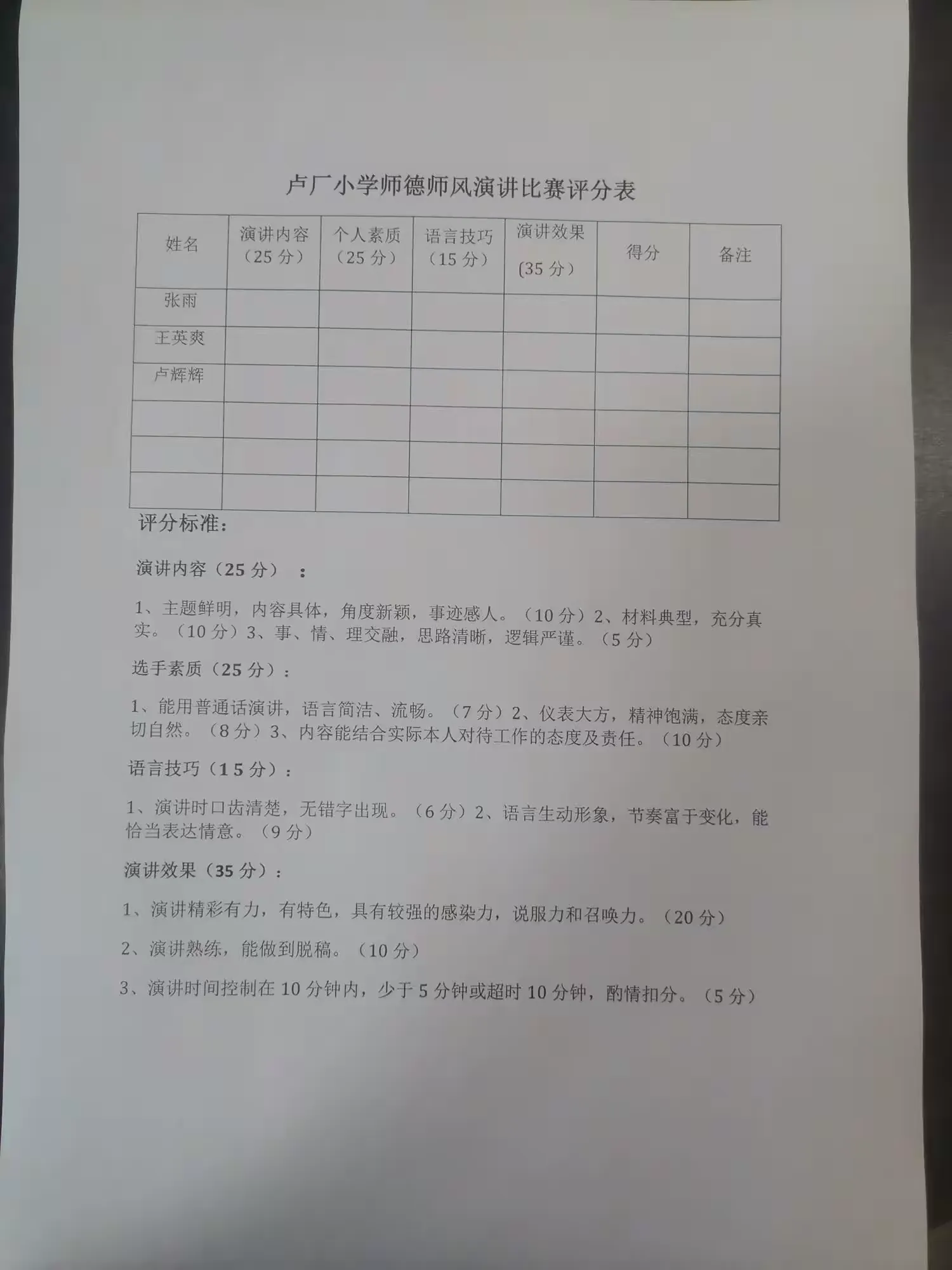 简篇-讲教育故事 铸师德师魂———卢厂小学师德师风演讲活动