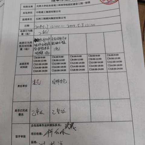 中铁建工集团天津大学一标项目5月8日每日违章作业纠察记录及薄弱时段安全管理记录