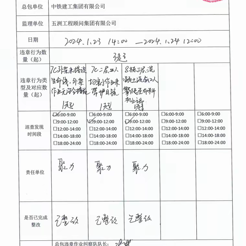 中铁建工集团天津大学一标项目1月25每日违章作业纠察记录及薄弱时段安全管理记录