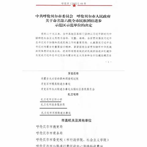 喜报丨扎兰屯市四家单位获批呼伦贝尔市第六批全市民族团结进步示范区示范单位