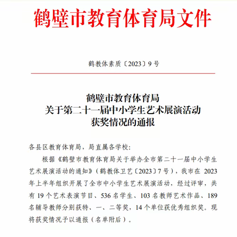 喜报：热烈祝贺开发区综合发展局荣获鹤壁市教育体育局第二十一届中小学生艺术展演活动优秀组织奖