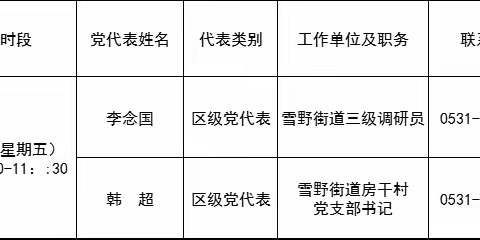 雪野街道党代表工作室4月份党代表接待日活动公告