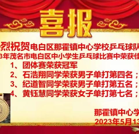 喜报——那霍镇中心学校乒乓球队在2023年茂名市电白区中小学生乒乓球比赛中荣获佳绩