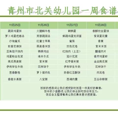 “食”光美好，尽“膳”尽美 ——青州市北关幼儿园一周美食总结（11.25—11.29）
