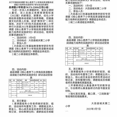 县级课题“核心素养下小学高段英语整体阅读能力培养的实践研究”第一次研训活动（2023.03.09）