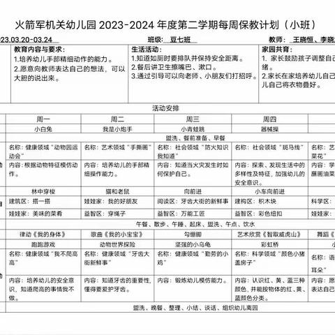 火幼2023年豆七班3月第三周 周计划及食谱