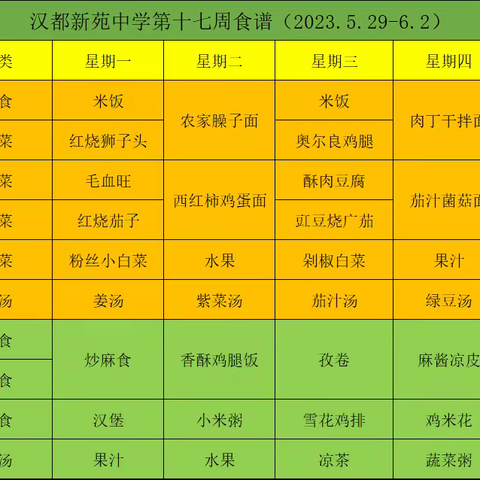 汉都新苑中学餐厅第十七周食谱